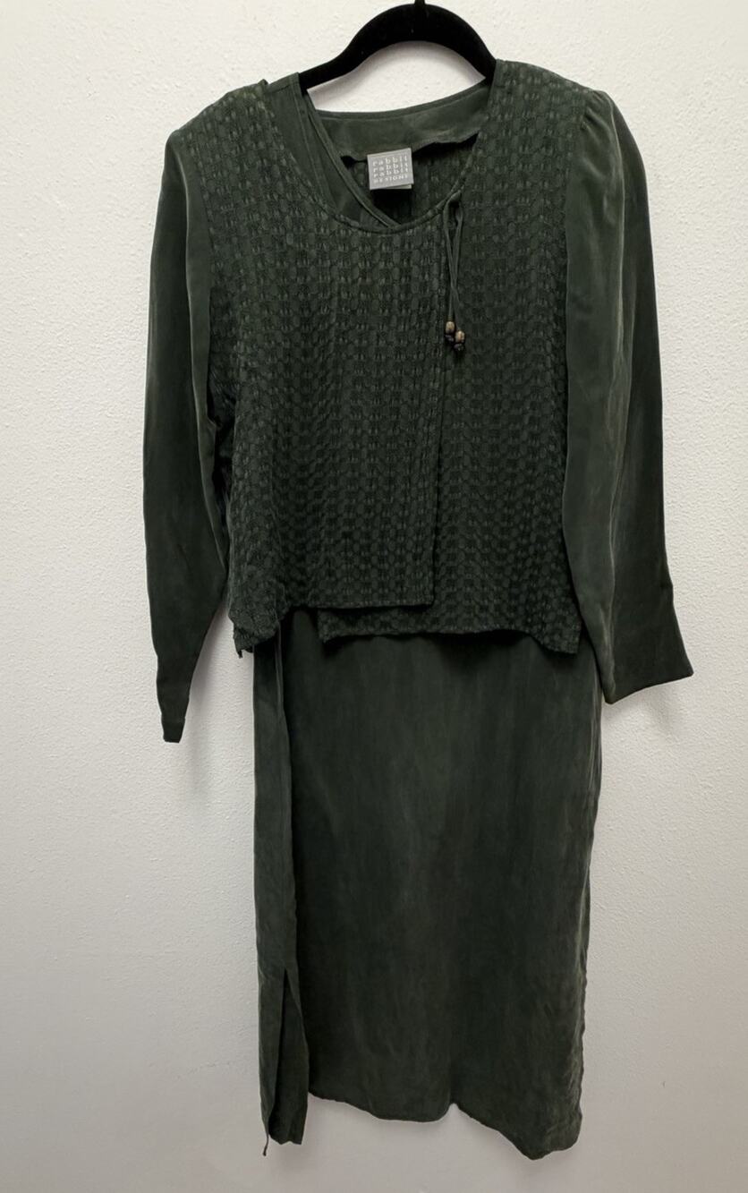 Vintage Rabbit Rabbit Designs 2 Pc Rayon Dress Jacket Set Green Petite 4P USA